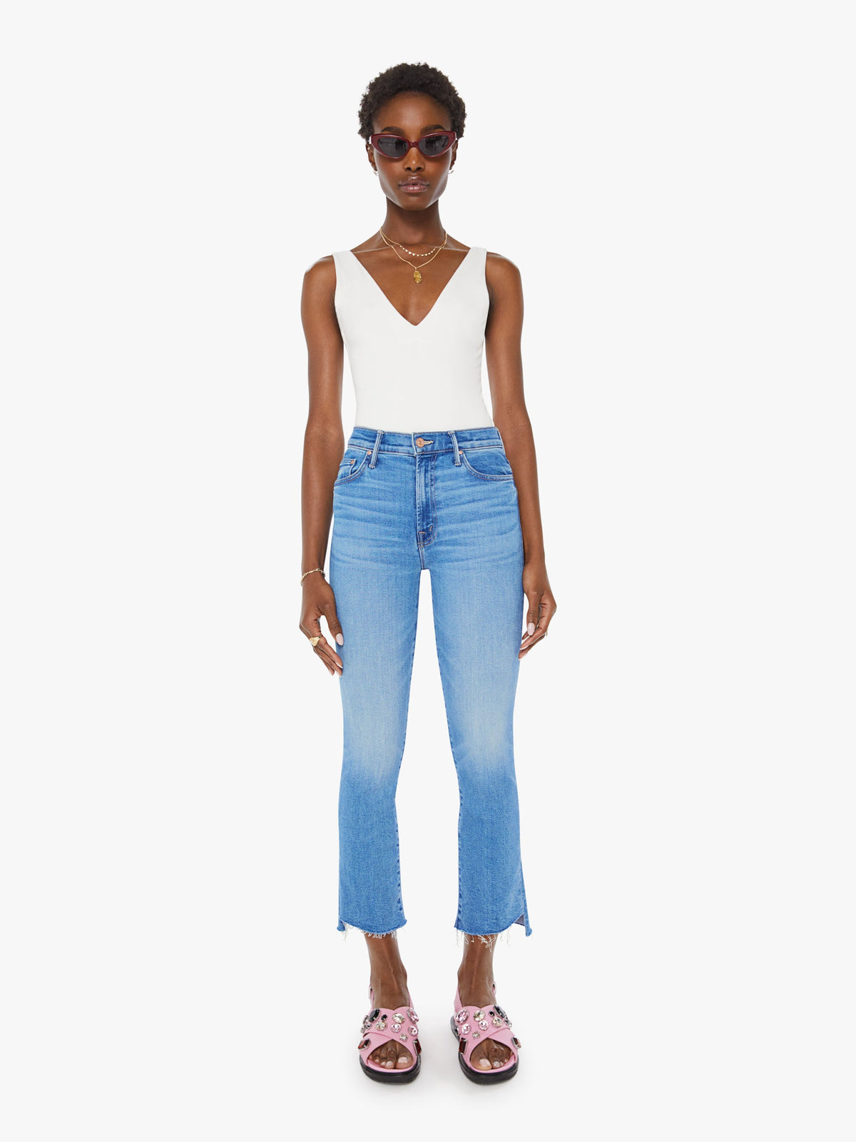 Women The Insider Crop Step Fray | Mother Denim Blue (Medium)
