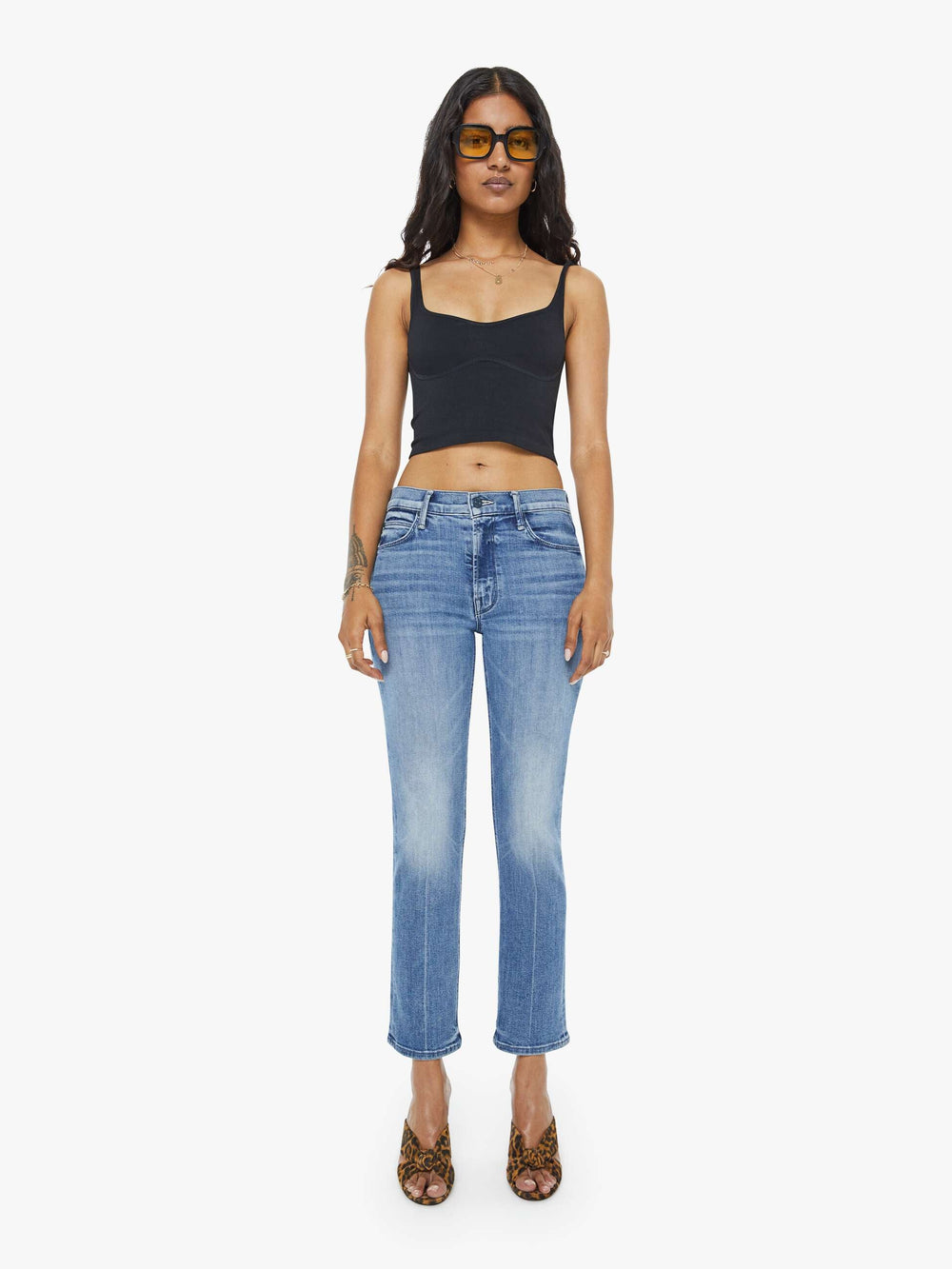 Women PETITES The Lil Mid Rise Dazzler Ankle | Mother Denim Blue (Medium)