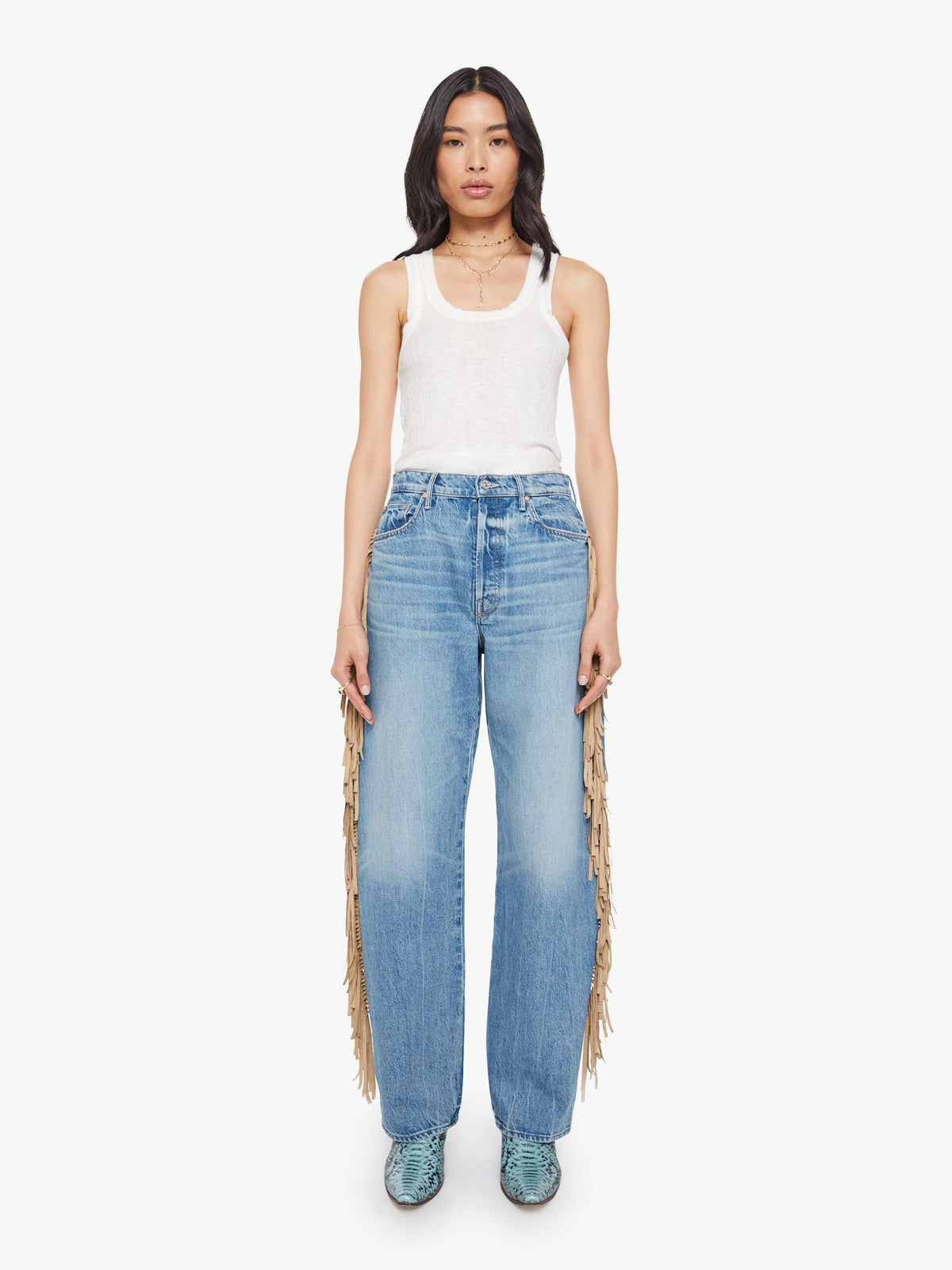 Women The Fringe Half-Pipe Button Sneak | Mother Denim Blue (Medium)