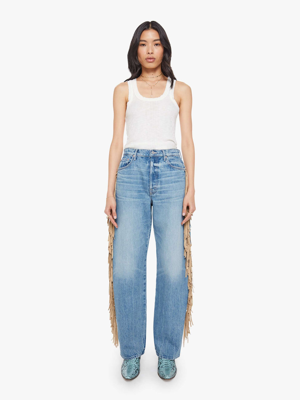 Women The Fringe Half-Pipe Button Sneak | Mother Denim Blue (Medium)