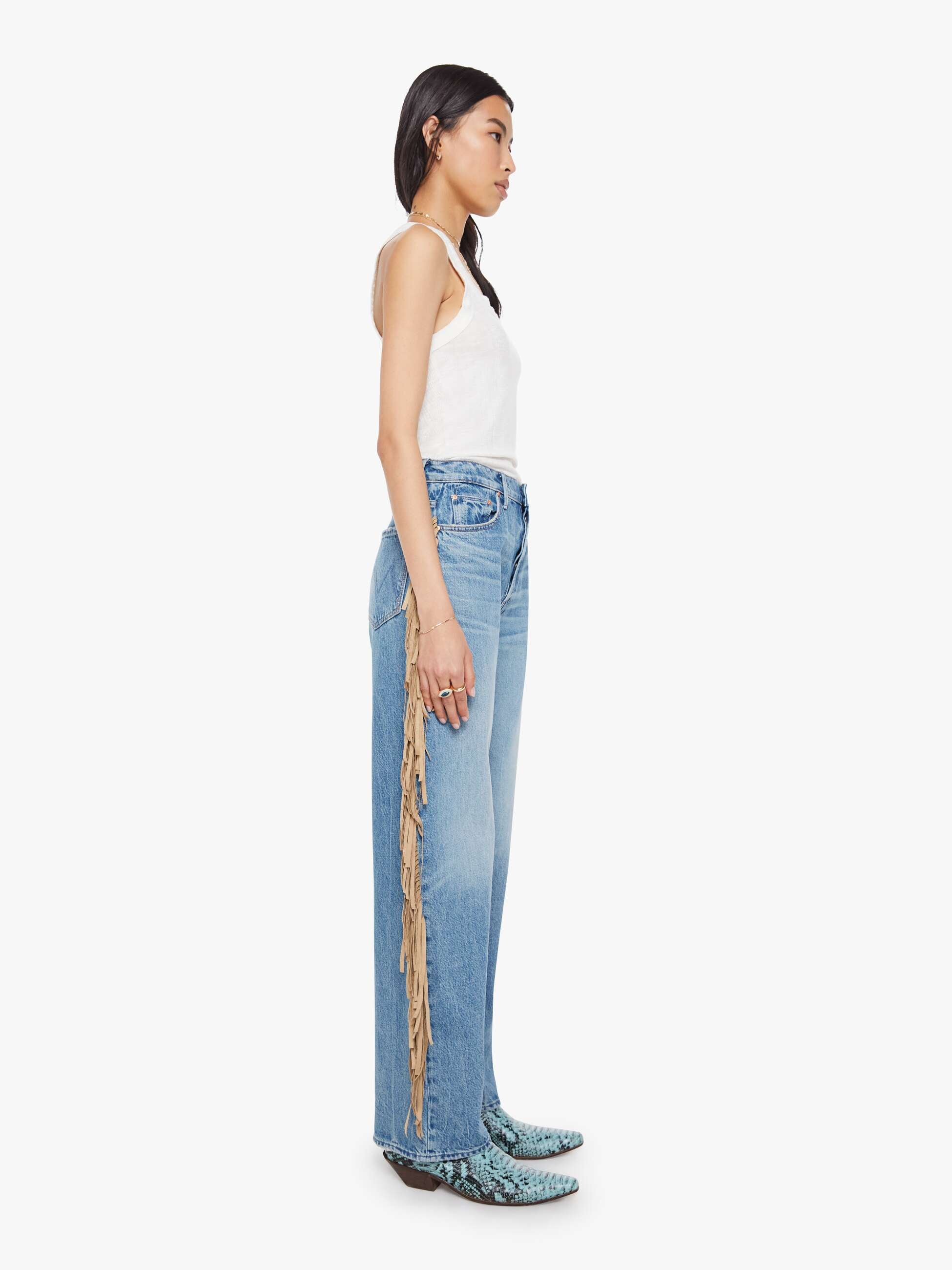 Women The Fringe Half-Pipe Button Sneak | Mother Denim Blue (Medium)