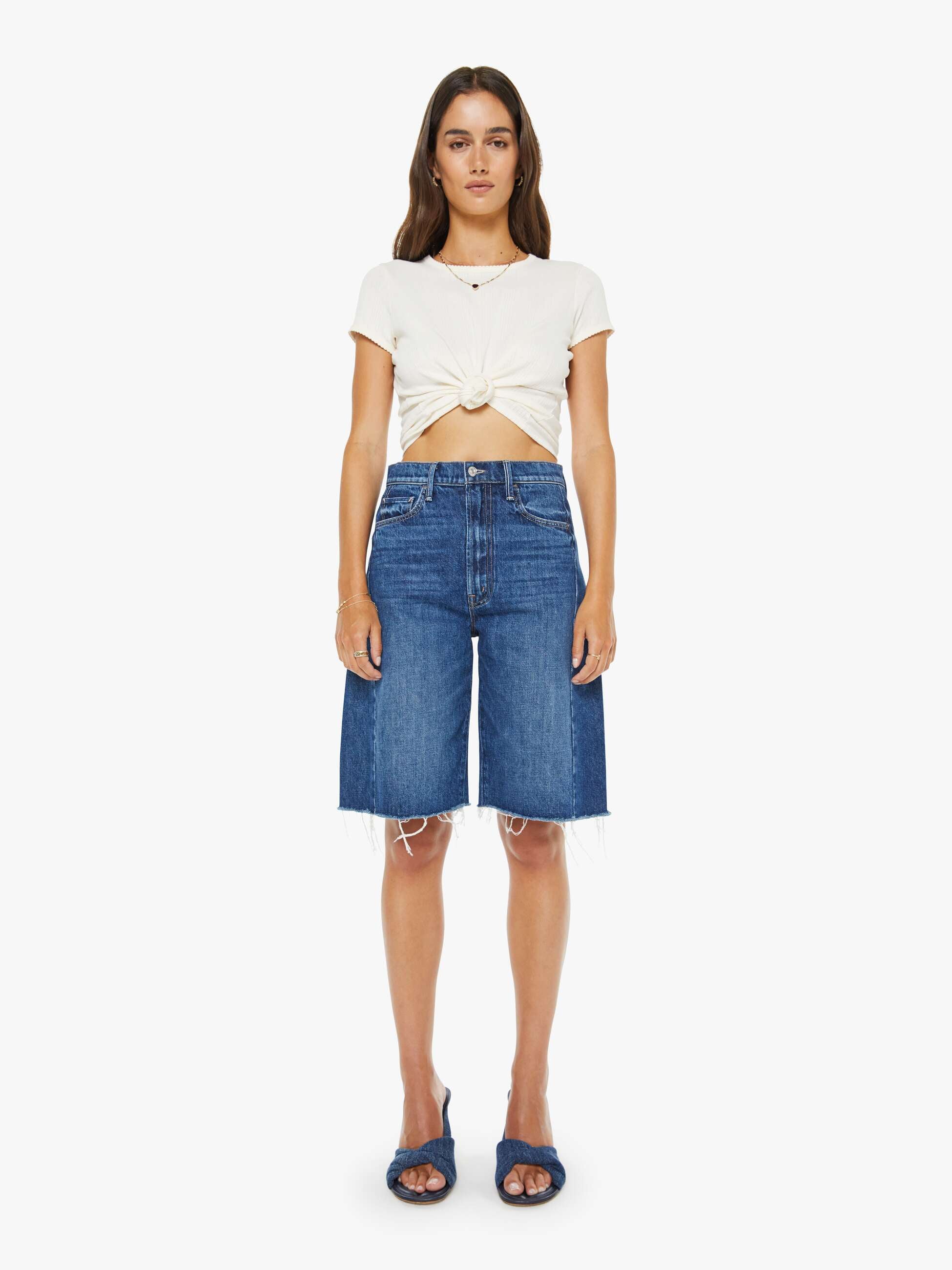 Women The Half-Pipe Bermuda Fray | Mother Denim Blue (Dark)