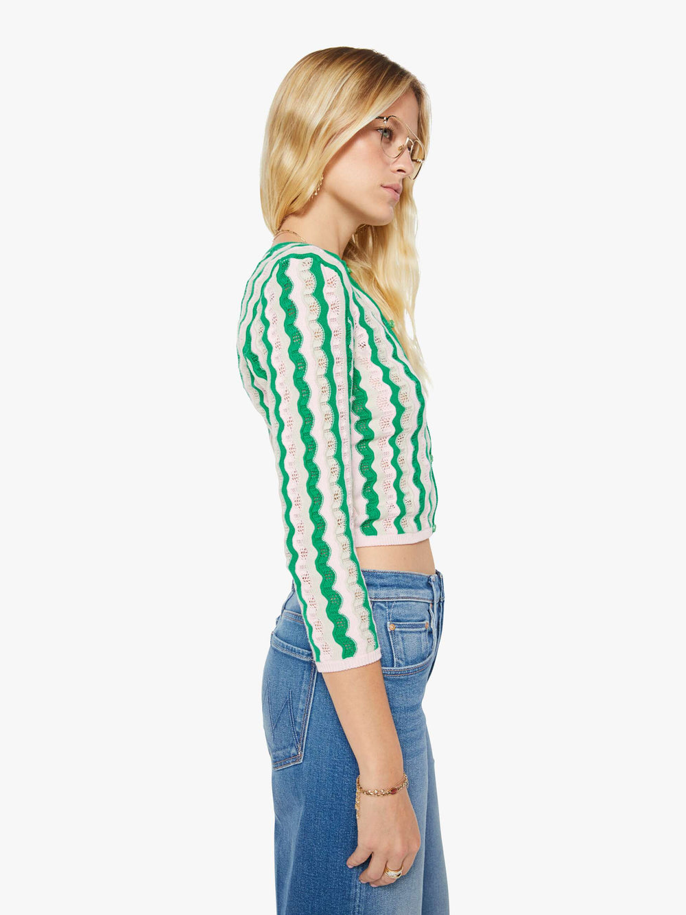 Women THE CREW NECK CARDIGAN POI GREEN PINK COMBO | Mother Denim Pointelle