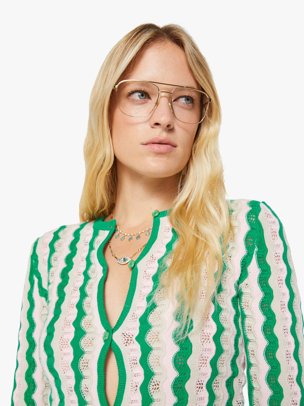 Women THE CREW NECK CARDIGAN POI GREEN PINK COMBO | Mother Denim Pointelle