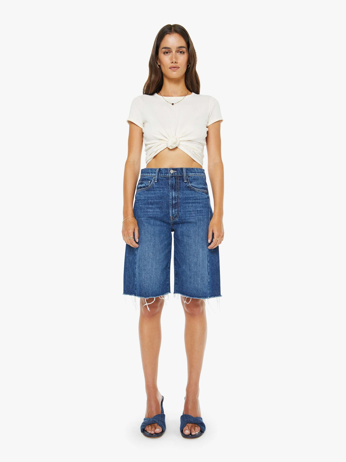 Women The Half-Pipe Bermuda Fray | Mother Denim Blue (Dark)