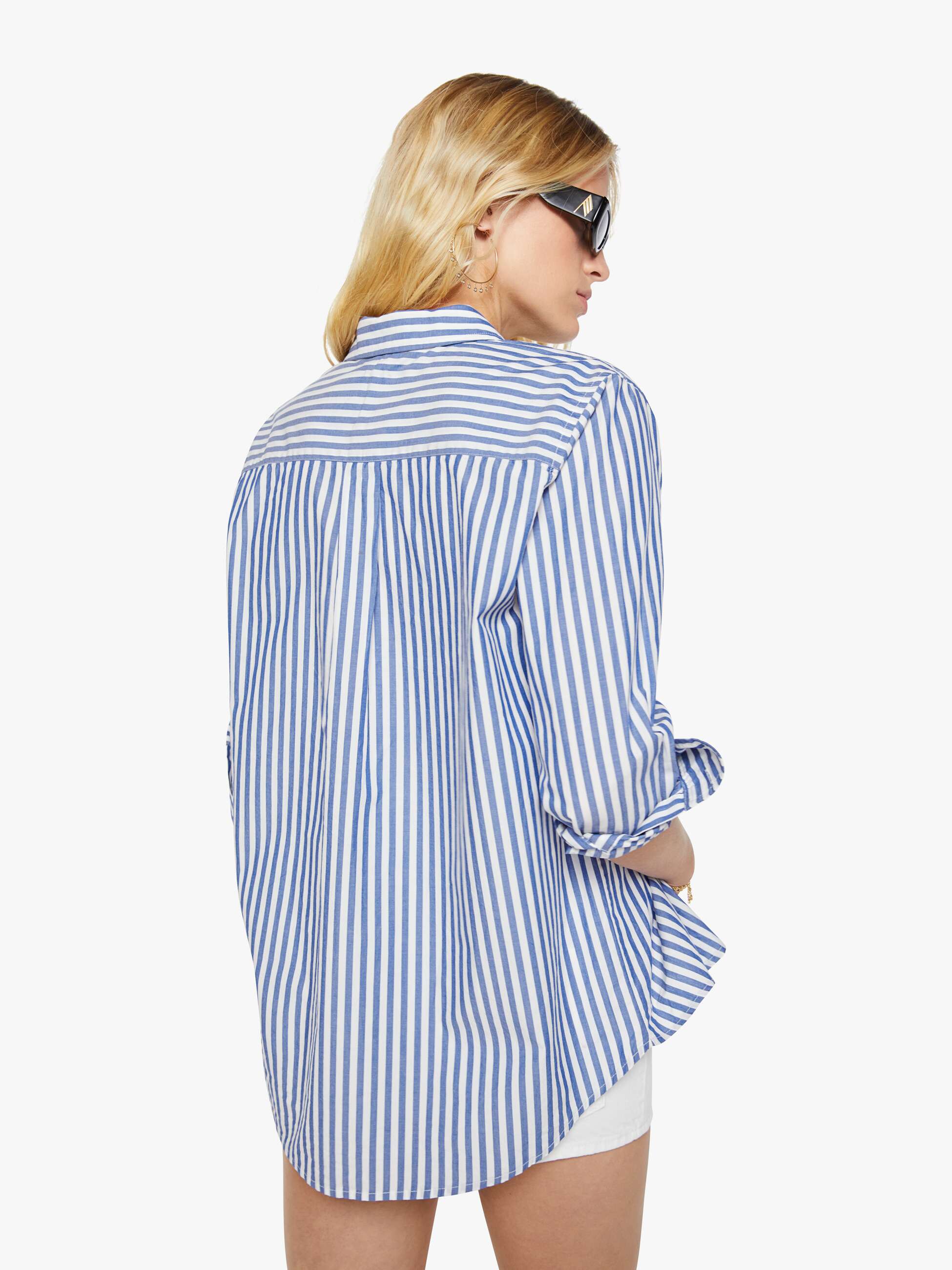 Women The Drawn Freeballer Short | Mother Denim White And Blue Stripe