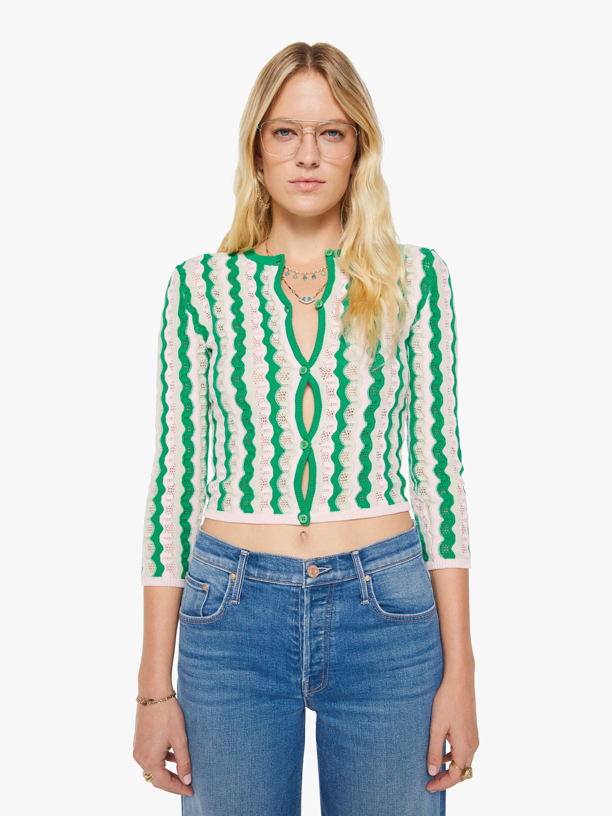 Women THE CREW NECK CARDIGAN POI GREEN PINK COMBO | Mother Denim Pointelle