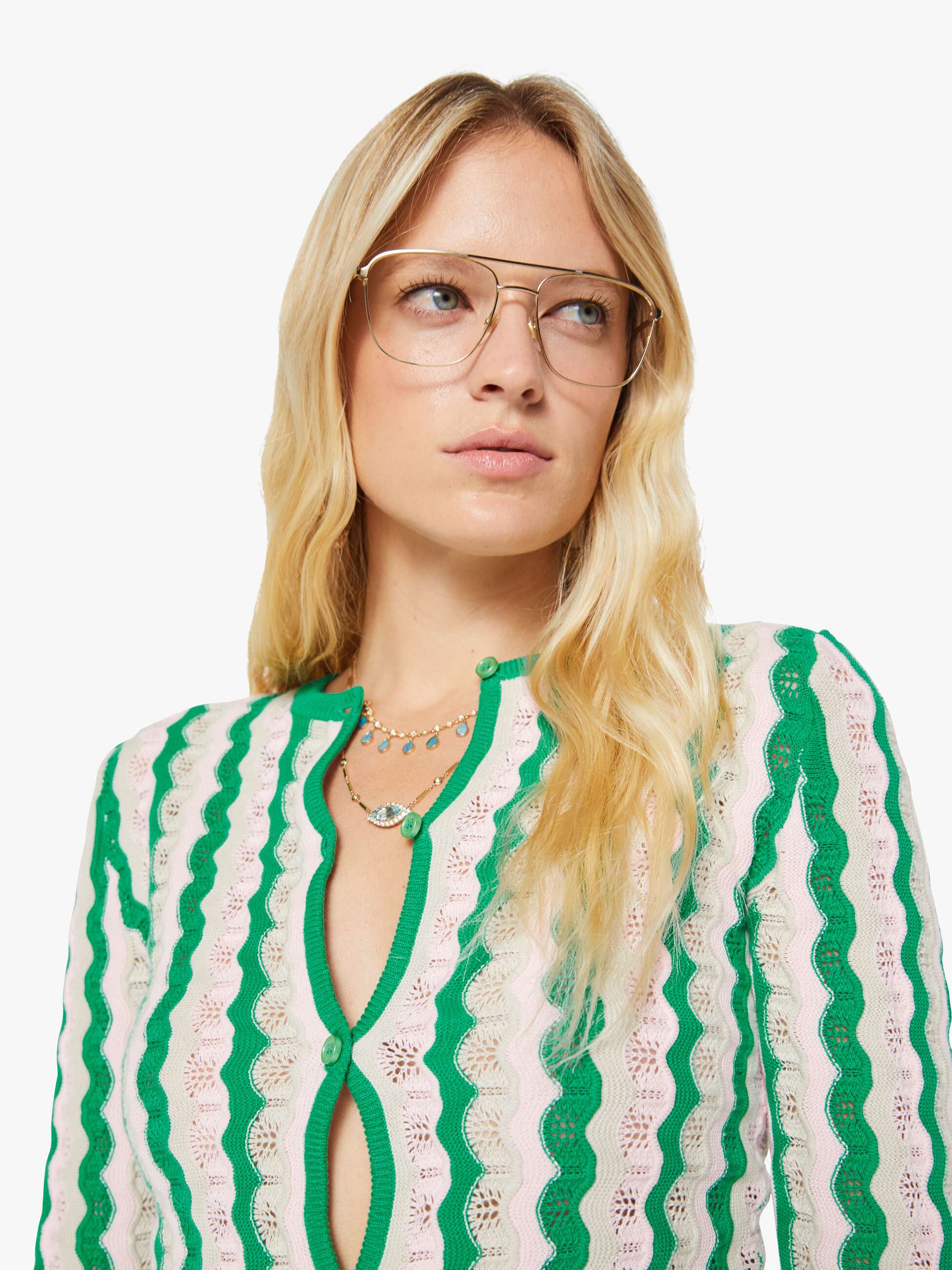 Women THE CREW NECK CARDIGAN POI GREEN PINK COMBO | Mother Denim Pointelle