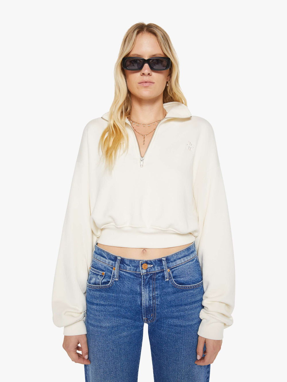 Women Eterne Cropped Half-Zip Sweatshirt | Mother Denim White (Open)
