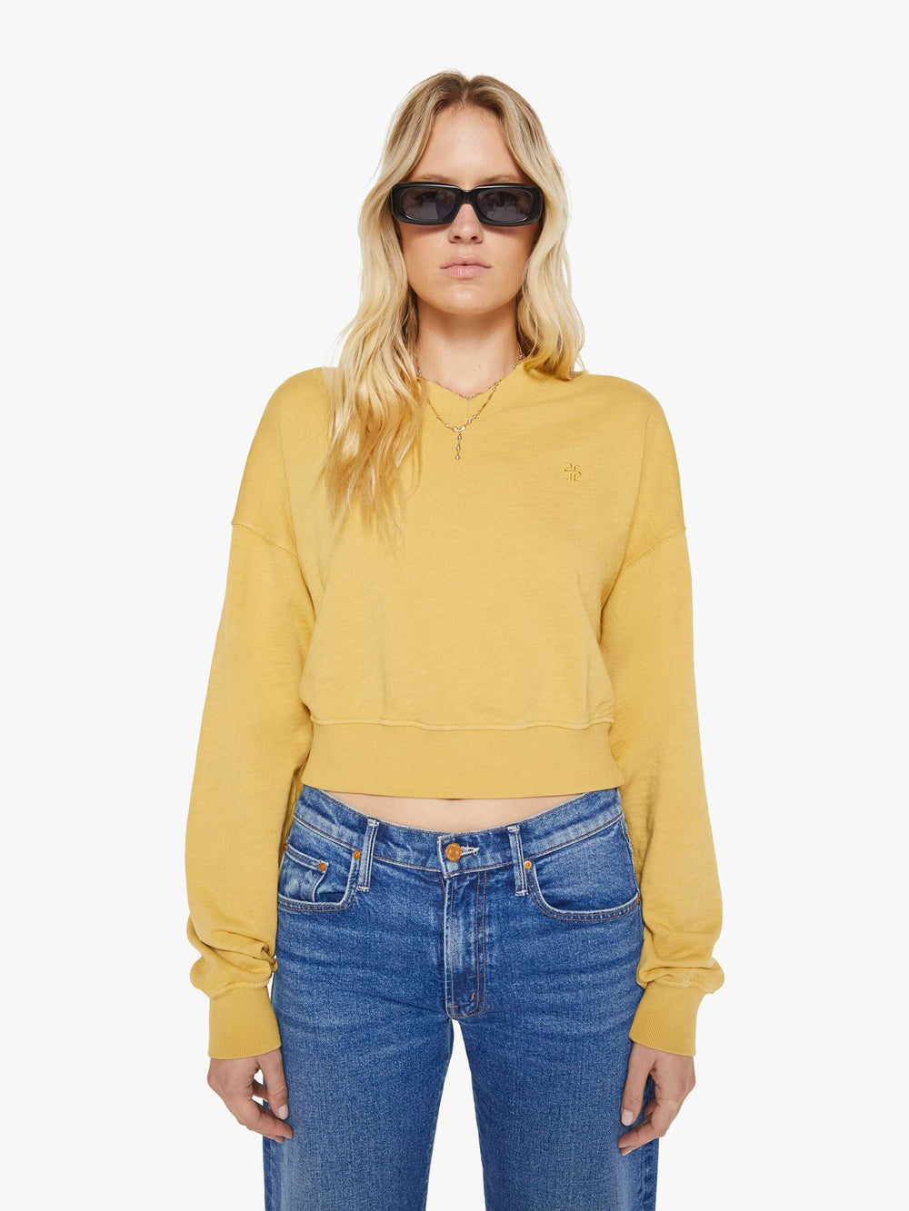 Women Eterne Cropped V-Neck Sweatshirt | Mother Denim Beige (Khaki)
