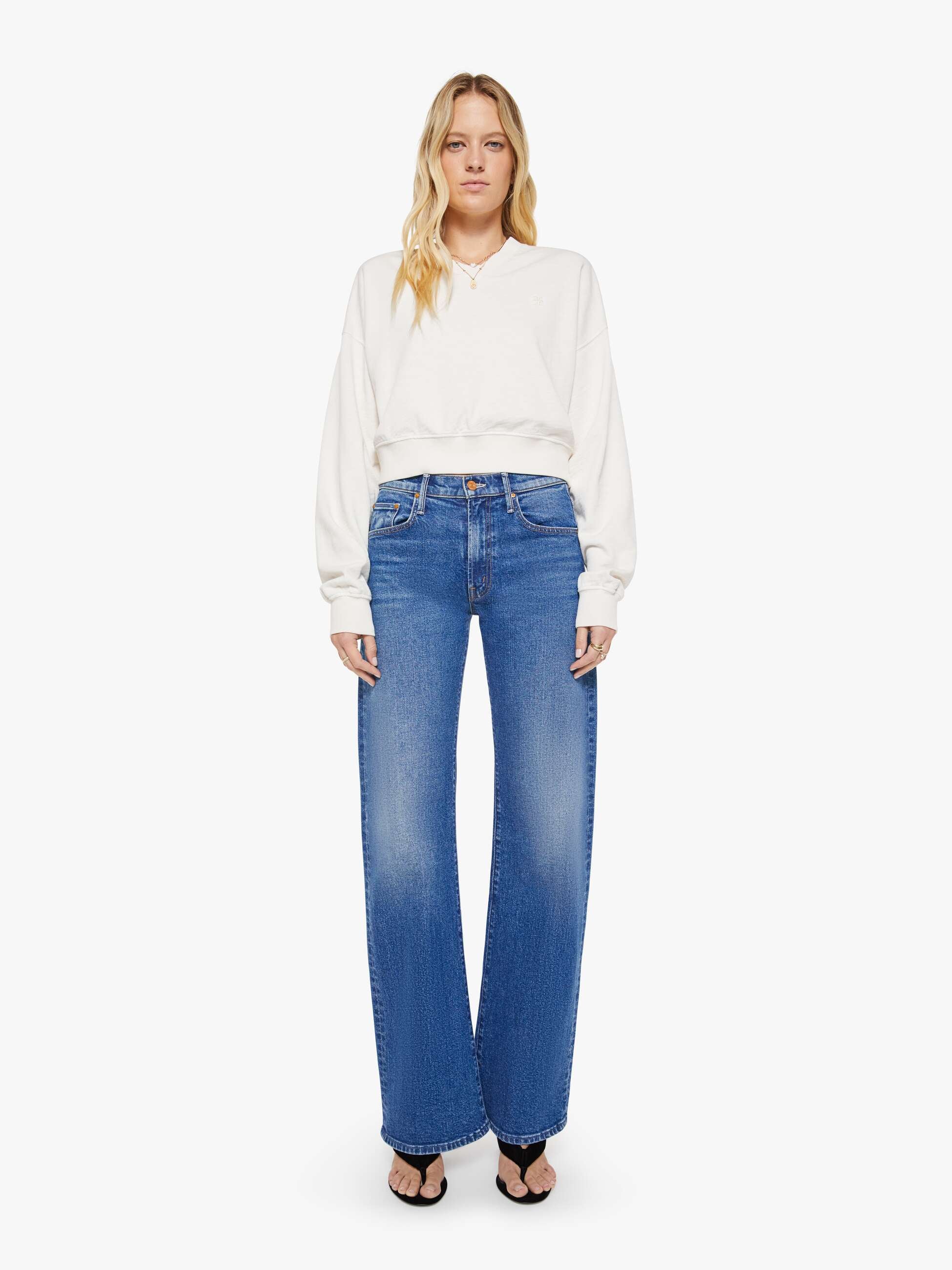 Women Eterne Cropped V-Neck Sweatshirt | Mother Denim White (Natural)